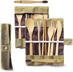 Greenzla 2-Pack Bamboo Utensils Set | With Bonus 2 Bamboo Toothbrushes | Natural Bamboo Straw, Spoon, Fork, Knife, Teaspoon, Chopsticks, Brush & 2 Storage Bags | Reusable Bamboo Cutlery set