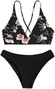 SweatyRocks Women's Sexy Bathing Suit Floral Print Cross Back Bikini Set Swimsuits Solid Black Small