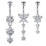 Crdifu 3pcs Belly Button Bars 10mm Silver 14G Navel Rings Surgical Steel Butterfly Heart Flower Dangle Belly Piercing Jewellery