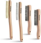 WORKPRO Wire Brush Set, 4Pcs Brass/Stainless/Carbon Steel Bristles Wire Scratch Brushes with Long Curved Beechwood Handle for Rust, Dirt & Paint Scrubbing with Deep Cleaning