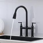 Comllen Matte Black Bridge Kitchen Faucet with Pull Down Sprayer, 3 Hole Farmhouse Kitchen Sink Faucet Black 8 Inch 2 Handle Stainless Steel Country Kitchen Faucets for Kitchen Sink