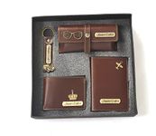 Dream Gift GLORE Your Name Customized 5 in 1 Engraved 1 LED Flask Bottle, Passport Cover with Wallet, Eye Wear Case, and Metal Keychain Combo - Men's Combo Accessories, Birthday Gifts