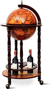 ReunionG Wine Bar Stand 16th Century Italian Wood Globe Rack Liquor Bottle Shelf with Wheels, 17'' (Retro Brown)