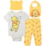 Disney Winnie The Pooh Newborn Baby Boys 4 Piece Outfit Set: Bodysuit Pants Bib Hat Yellow Newborn