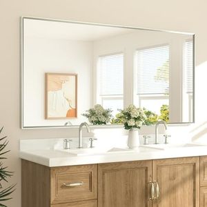 TETOTE Brushed Nickel Vanity Mirror for Bathroom 72" x 36" Beveled Frame Rectangle Bathroom Mirror for Over Sink Brushed Nickel, Tempered Glass, Stronger Frame, Modern Farmhouse Bedroom, Entryway
