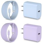 Fast Charger 10FT for iPhone 14/13/12/11/Pro Max/Mini, XS/XR/X/8, iPad, 20W USB C Wall Charger Block Cube PD Charging Box Brick + 10 FT Long Cord USB-C to L Cable, 2-Pack (Blue/Purple)