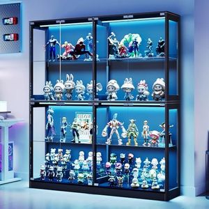 AMERLIFE RGB Display Cabinet with Adjustable Glass Shelves, 4-Tier Storage Case with LED Lights & Press-to-Open Doors, Modern Display Shelf for Collectibles, Black 70" H×60" L×16" D