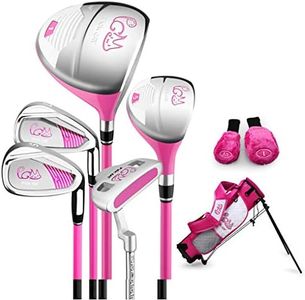 PGM Junior Golf Club Complete Set for Children Kids, 9-12 Age Groups 5 Golf Clubs with Stand Bag and 2 Headcovers for Boys & Girls, Right Hand, Pink