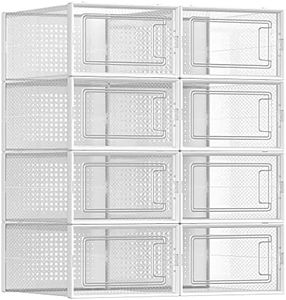 SONGMICS Cajas de Zapatos Plástico, Juego de 8 Organizadores de Almacenamiento, Caja Zapatero Plástico Plegable y Apilable para Zapatillas hasta Talla 44, Transparente y Blanco LSP08SWT