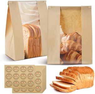 RETON 100 Pcs Kraft Paper Bread Bags for Homemade Bread, Greaseproof Paper Bags with Window Tin Tie Tab Lock, Large Paper Sandwich Bags with Thank You Stickers for Food Packaging(13.7''X8.2''X3.5'')