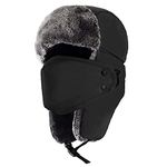 Trapper Hat Winter Hats for Men, Waterproof Trooper Russian Warm Hat with Ear Flaps, Women Ushanka Bomber Faux Fur Hats 22"-24" Black