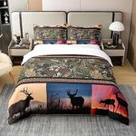 Deer 100% Cotton Duvet Cover Set Twin,Hunting Deer Bedding Sets,Woodland Animal Comforter Cover 3D Nature Scene Patchwork Bedding Elk Antler with Branches Quilt Cover,Rustic Farmhouse Bedroom Decor