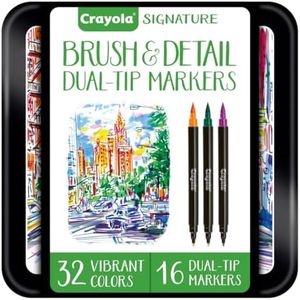 Crayola Brush & Detail Dual Tip Marker Set, 16 Markers, 32 Colors, Adult Coloring Markers, Gifts for Teens & Adults