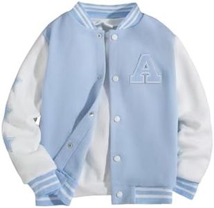 SHENHE Boy's Button Up Varsity Jacket Color Block Letter Print Baseball Bomber Jacket Light Blue 13-14Y