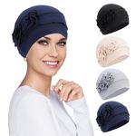 XEPST 4 Pieces Chemo Headwear for Women, Turbans Cap Beanie Hat Head Wraps Hair Coverings for Women, Women's Sleep Caps Chemo Cancer Hat with Flower Design