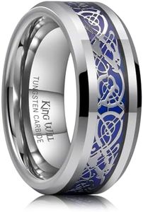 King Will 8mm Silver Tungsten Mood Rings, Men's Wedding Rings Dragon Celtic Inlay Beveled Edge Ring for Men Women, Comfort Fit, Hypoallergenic, Durable, Size 11