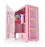 Apevia Inspire-PK Inspire Mid Tower ATX Gaming PC Case w/ 4X 120mm ARGB Fans, 366 RGB Light Modes, 1x Metal Mesh Airflow Front Panel, 1x Door Swivel Style Magnetic Glass Side Panel, 2X USB3.0, Pink