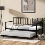 KOMFOTT Twin Metal Daybed with Trundle, Metal Slats Support Sofa Bed & Pull-Out Trundle Set with Lockable Casters, Space-Saving Platform Bed Sofa Bed for Living Room, No Box Spring Needed (Black)