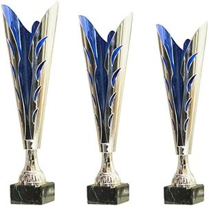 tecnocoppe Tris Coppe Argento/Blu h 34,50 33,50 e 31,50 cm ABS Riconoscimento Sportivo Targhetta Personalizzata Omaggio Premiazione Fantacalcio