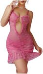 OYOANGLE Women's Heart Print Mesh Sheer Cut Out Ruched Chemise Nightgowns See Through Babydoll Lingerie Set Hot Pink X-Large