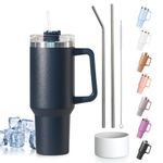 Tuocal 40oz Tumbler with Straw Lid and Handle + 2 Stainless Steel Straws + Silicone Boot, 1180 ml Double Wall Vacuum Insulated Cup, Car Coffee Mug, Travel Water Bottle for Hot Iced Coffee, Navy