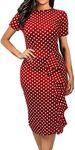 oxiuly Women's Burgundy Casual Polka Dot Short Sleeve Round Neck Cottony Comfortable Office Work Pencil Dress OX055 (L, Burgundy)