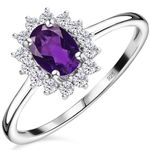 TJC Natural Amethyst Halo Ring for Womens in Platinum Plated 925 Sterling Silver Size J with White Zircon February Birthstone