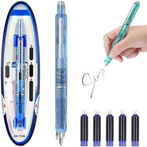 HOAIME Fountain Pen Retractable, 0.38mm Blue & Black Ink Transparent Barrel Includes 5 Refillable Ink Cartridges, Retractable Fountain Pens for Writing Fine Nib No Leaking (Blue, Blue)