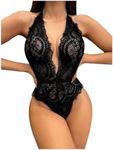 OYOANGLE Women's Floral Lace Deep V Neck Tie Backless Halter Teddy Bodysuit Scallop Trim One Piece Babydoll Black Large