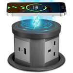 Pop Up Socket for Worktop, 4.33 Inch Automatic Hidden Power Socket with 15W Wireless Charger, 3 AC Sockets, USB-A & USB-C, for Kitchen, Office & Home (Grey)