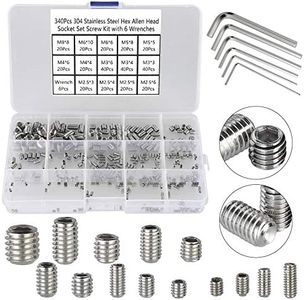 HanTof 340Pcs M2.5, M3, M4, M5, M6, M8 Metric Hex Socket Head Cup Point Set Screws, Allen Head Grub Screw, Internal Hex Drive Headless Set Screw Assortment Kit with 6 Hex Wrenches, 304 Stainless Steel