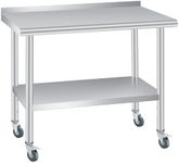 Stainless Steel Prep Table, 48 x 24 in, with Backsplash, Adjustable Undershelf and 4 Caster Wheels, Commercial Heavy Duty Table with Adjustable Under Shelf for Outdoor Use,Restaurants,Hotels,Works