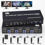 KVM Switch 3 Monitors 4 Computers 8K@60Hz 4K@144Hz, 2 HDMI +1 DisplayPort KVM Switch Triple Monitor for 4 Computer with Audio and 3 USB 3.0 Ports, KVM Triple Monitor Keyboard Mouse Switcher