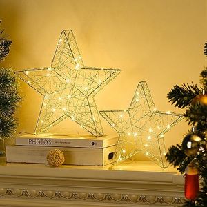 Lewondr Lámpara de Mesa Decorativa, 2 Piezas Lámparas Mesita Noche Modernas en Forma de Estrella con Temporizador, Luces Led Navidad Brillantes a Pilas para Habitación Salón Porche Fiesta, Plata