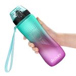 OLDLEY 750ml/25oz Water Bottles with Straw BPA Free Tritan Water Bottles for Gym School Sports Travel Leakproof Time Markings Durable Drink Bottles for Adult Kids Women Men(Green Purple, 1 Lid)