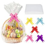 SelfTek 20pcs Large Cellophane Bags with 20pcs Pull Bows Clear Basket Wrap Bags Hamper Wrapping Bags with Colorful Bows Set for Baskets Making Easter Gifts Presents Packaging, 33 X 22 Inches