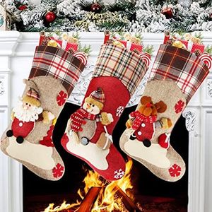 Christmas Stockings 3 Pack 3D Personalized Large Christmas Stockings 18" Xmas Classic Stockings Home Decorations Santa, Snowman, Reindeer, for Fireplace Christmas Party Xmas Tree Ornament Decor