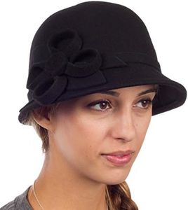 Sakkas EH0121LC - Chapeau Hiver Cloche 100% Laine Femmes Style Rétro avec Accent Ruban Fleurs (6 Couleurs) - Noir/Taille Unique
