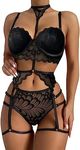 Lilosy Sexy Choker Floral Lace Underwire Push Up Garter Belt Lingerie Set for Women Sheer Bra and Panty 3 Piece, Black #2, Medium