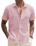 COOFANDY Men's Linen Casual Short Sleeve Shirts Button Down Summer Beach Shirt, Icy Pink, X-Large