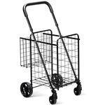 GiantexUK Folding Shopping Trolley, Height Adjustable Grocery Cart on Wheels with Dual Baskets & Anti-slip Handle, Metal Utility Push/Pull Trolley for Market Grocery Laundry (Black)