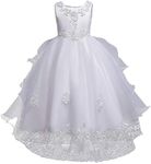 Flower Girl's Dress Princess Puffy Tulle Dresses Bridesmaid Wedding Communion Birthday Party Pageant Maxi Prom Gown for Kids, White-organza, 10-11 Years