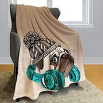 YISUMEI Pug Throw Blanket Funny Mr. Dog Listening to Music Fleece Blanket Soft Warm Cozy for Sofa Couch Bed 50"x60"