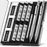 Four Candies 2PCS Metal Mechanical Pencils Set with Case, 0.5mm & 0.7 mm Artist Pencil with 6 Tubes (360PCS) HB Lead Refills, 3 Erasers,9 Eraser Refills For Writing Drafting, Drawing, Silver