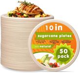 100% Compostable Sugarcane Plates [50-Pack] - (PFAS-Free) - (BPI Certified) - [10 Inch] Heavy Duty, Eco-Friendly, Biodegradable Bagasse Dinner Platters - Natural White 10" Round Plates