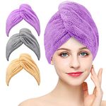 3 Pack Microfiber Hair Towel Wrap BEoffer Super Absorbent Twist Turban for Women Fast Drying Hair Caps with Buttons for Drying Curly, Long & Thick Hair Anti Frizz (Gray+Khaki+Purple)