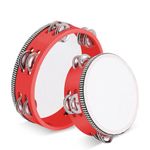 Flexzion Wood Handheld Tambourines - 8 & 6 Inch Set of 2 Pack, Double Row 12 Pair Metal Jingles, Percussion Drum Moon Musical Educational Instrument for Adults Classroom Gift Party (Red)