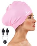 Large Long Hair Swimming Cap with Extra Room for Women Men, Silicone Swimming Hat for Long Thick Hair with Ear Plugs Nose Clip Set, Adult Waterproof Swim Cap Bathing to Keep Hair Dry(Pink)