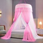 Classic Mosquito Net for Bed King Size | Polyester Double Layer Royal Machardani Breathable Mesh | Canopy Decorative Tent for Bedroom | Romantic Luxurious Palace Style Bed Curtain-Pink