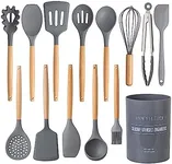 Country Kitchen Non Stick Silicone Utensil Set with Rounded Wood Handles for Cooking and Baking, 14 Piece Set, Gray